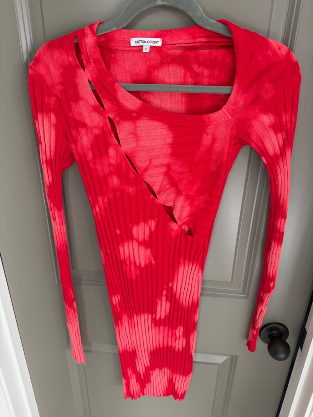 Cotton Citizen Tokyo Bright Red Ribbed Long-Sleeve Top with Diagonal Cutouts